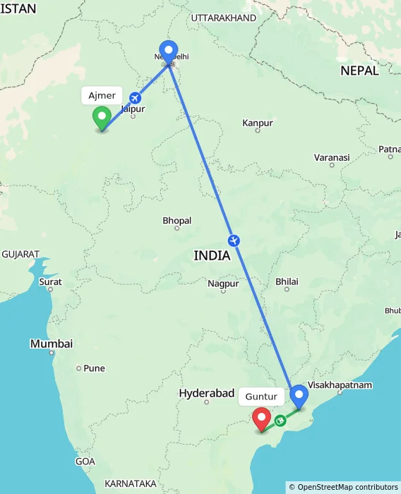 Route map showing distance and travel time from Ajmer, India to Guntur, India