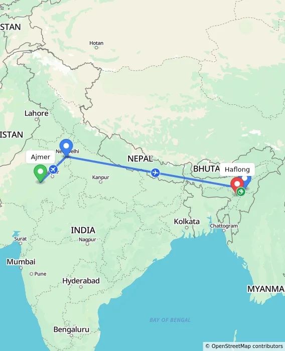 Route map showing distance and travel time from Ajmer, India to Haflong, India