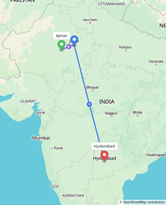 Route map showing distance and travel time from Ajmer, India to Hyderabad, India