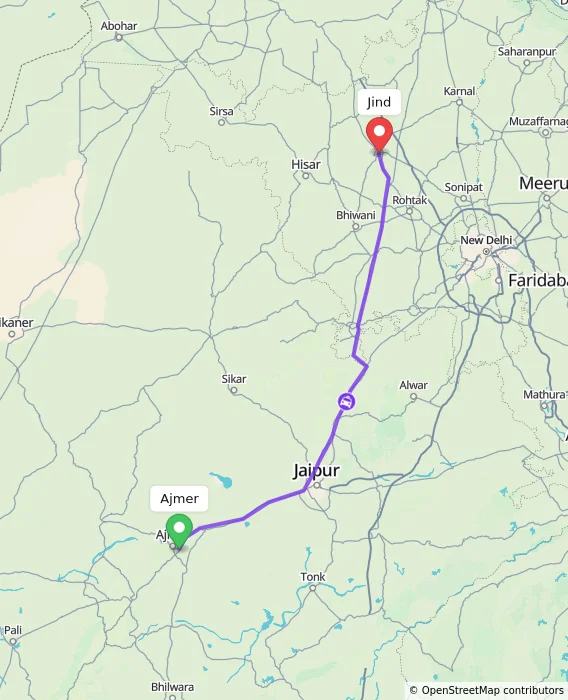 Route map showing distance and travel time from Ajmer, India to Jind, India