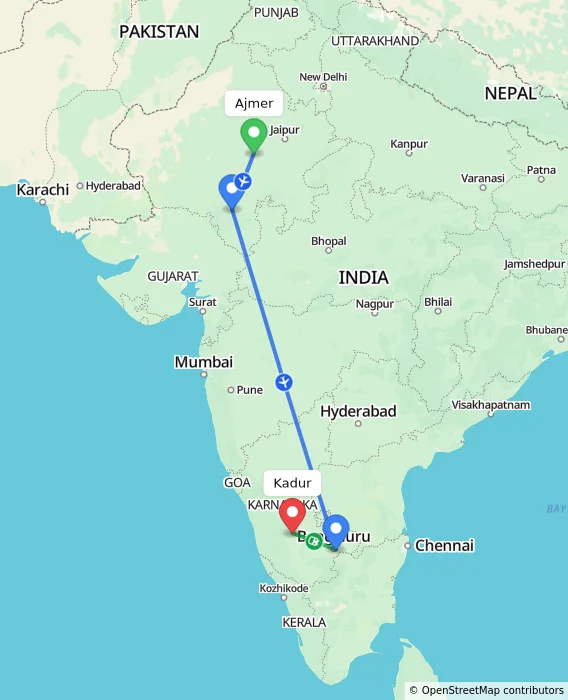 Route map showing distance and travel time from Ajmer, India to Kadur, India