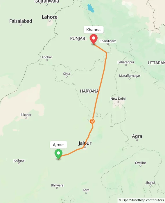 Route map showing distance and travel time from Ajmer, India to Khanna, India