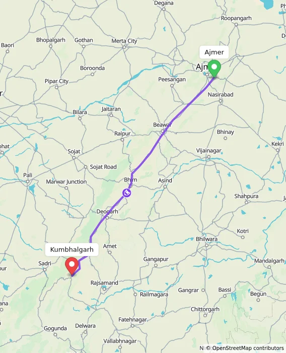 Route map showing distance and travel time from Ajmer, India to Kumbhalgarh, India