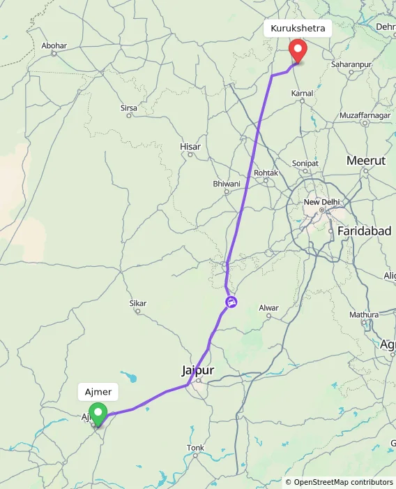 Route map showing distance and travel time from Ajmer, India to Kurukshetra, India