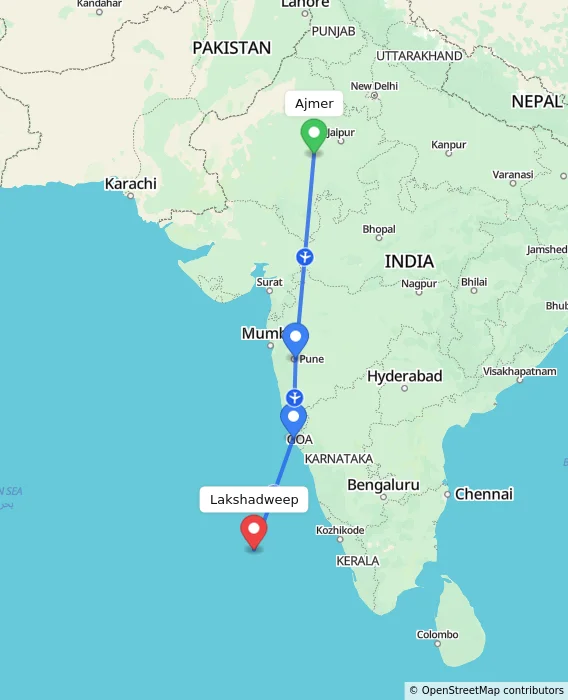 Route map showing distance and travel time from Ajmer, India to Lakshadweep, India