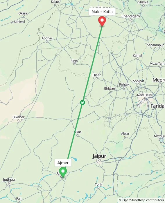 Route map showing distance and travel time from Ajmer, India to Maler Kotla, India