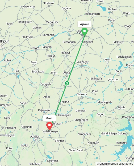 Route map showing distance and travel time from Ajmer, India to Mavli, India