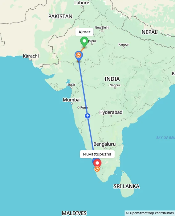 Route map showing distance and travel time from Ajmer, India to Muvattupuzha, India