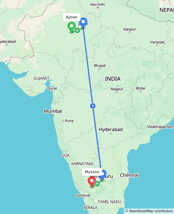Route map showing distance and travel time from Ajmer, India to Mysore, India