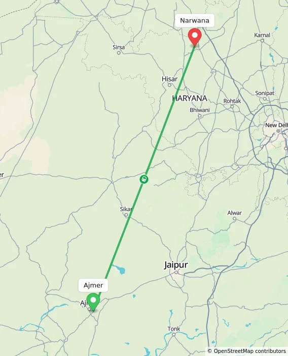 Route map showing distance and travel time from Ajmer, India to Narwana, India
