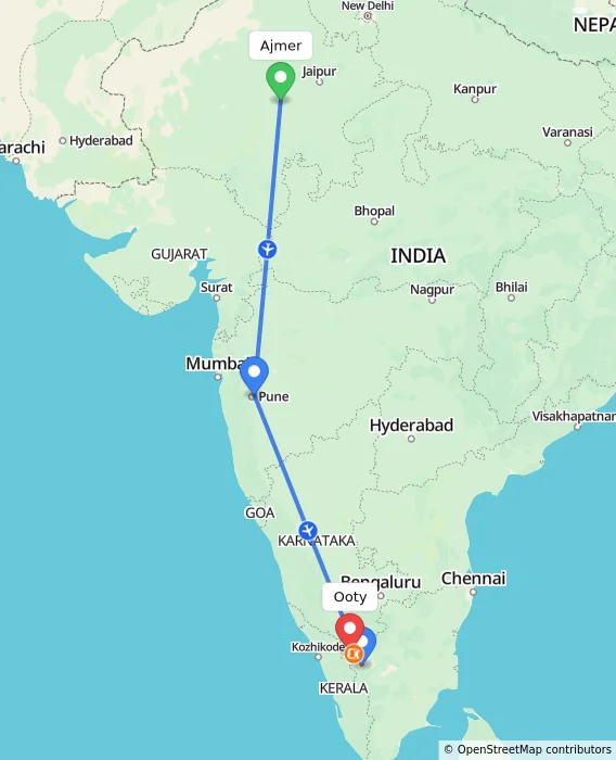 Route map showing distance and travel time from Ajmer, India to Ooty, India