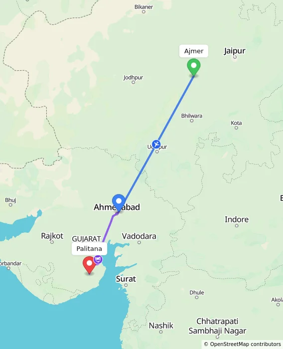 Route map showing distance and travel time from Ajmer, India to Palitana, India