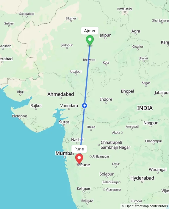 Route map showing distance and travel time from Ajmer, India to Pune, India