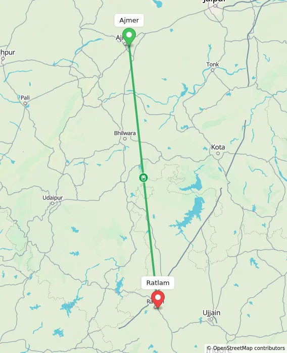 Route map showing distance and travel time from Ajmer, India to Ratlam, India