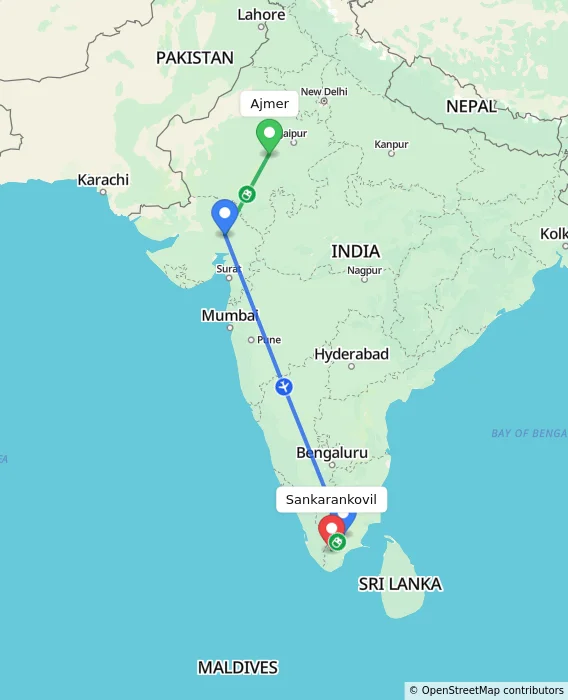 Route map showing distance and travel time from Ajmer, India to Sankarankovil, India