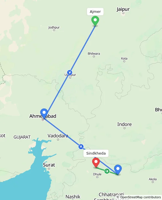 Route map showing distance and travel time from Ajmer, India to Sindkheda, India