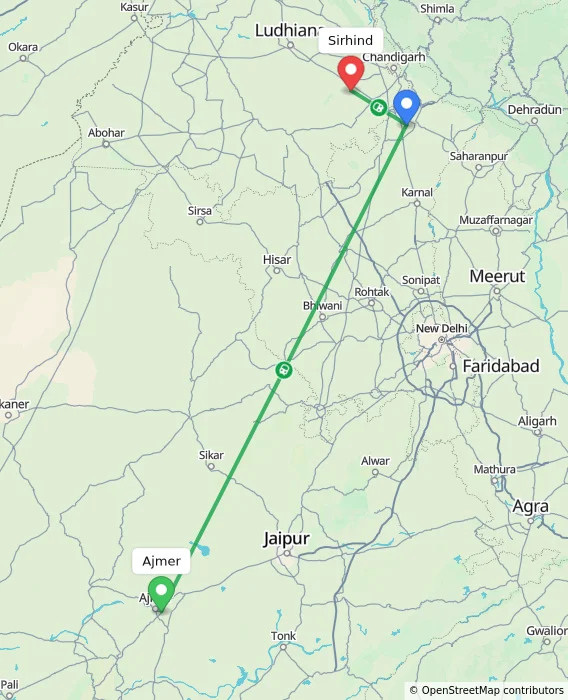 Route map showing distance and travel time from Ajmer, India to Sirhind, India