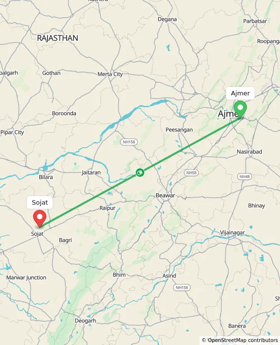 Route map showing distance and travel time from Ajmer, India to Sojat, India
