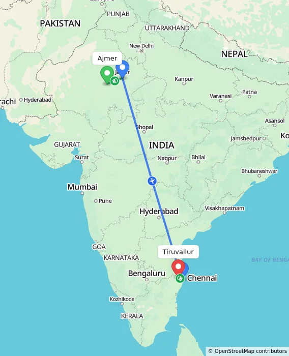 Route map showing distance and travel time from Ajmer, India to Tiruvallur, India