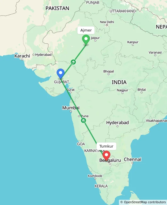 Route map showing distance and travel time from Ajmer, India to Tumkur, India