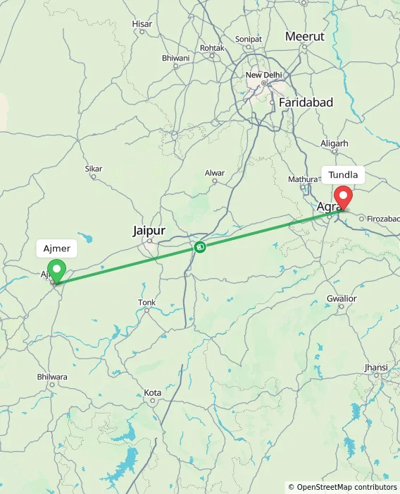 Route map showing distance and travel time from Ajmer, India to Tundla, India