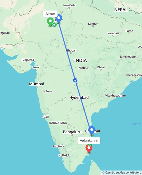 Route map showing distance and travel time from Ajmer, India to Velankanni, India
