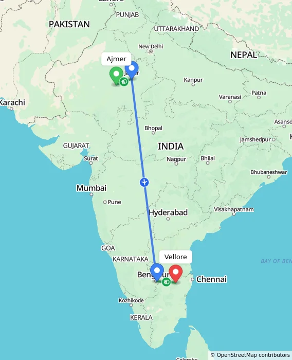 Route map showing distance and travel time from Ajmer, India to Vellore, India