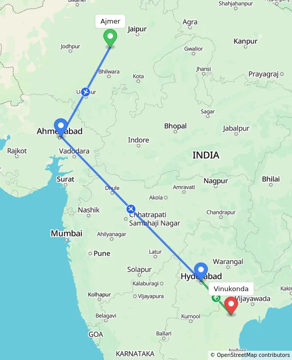 Route map showing distance and travel time from Ajmer, India to Vinukonda, India