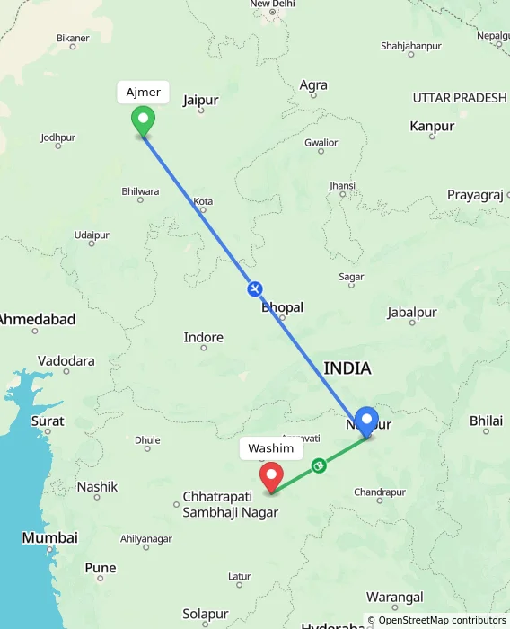 Route map showing distance and travel time from Ajmer, India to Washim, India