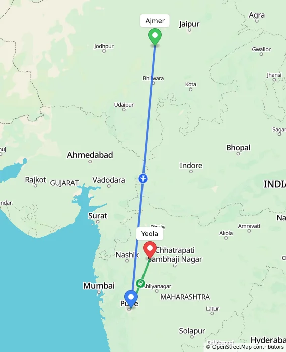 Route map showing distance and travel time from Ajmer, India to Yeola, India