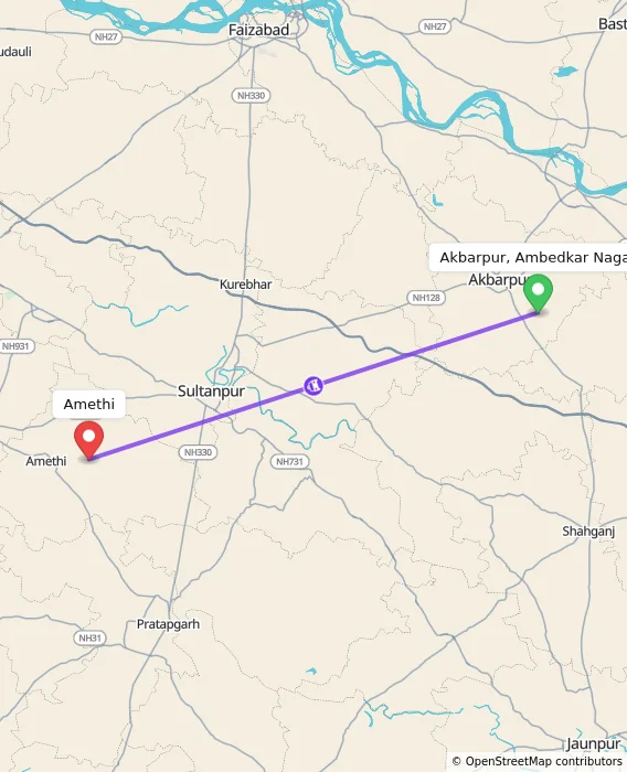 Route map showing distance and travel time from Akbarpur, Ambedkar Nagar, India to Amethi, India