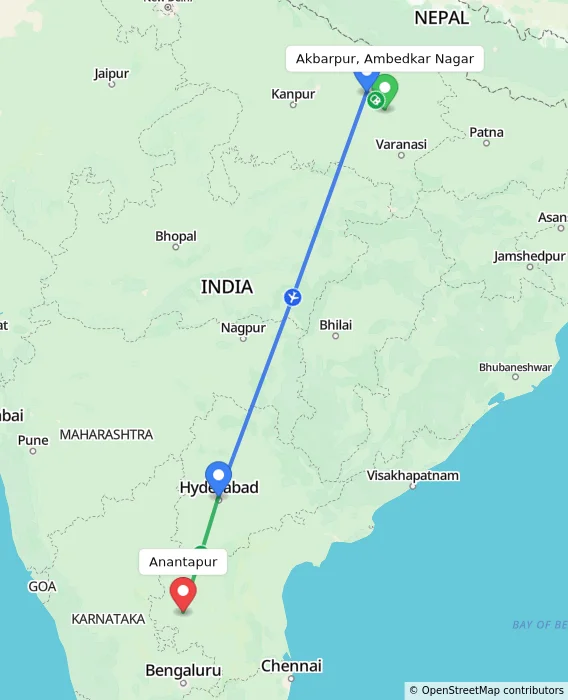 Route map showing distance and travel time from Akbarpur, Ambedkar Nagar, India to Anantapur, India
