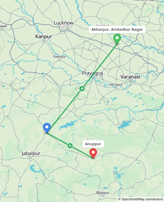 Route map showing distance and travel time from Akbarpur, Ambedkar Nagar, India to Anuppur, India