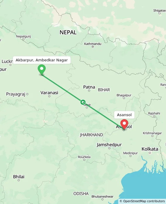 Route map showing distance and travel time from Akbarpur, Ambedkar Nagar, India to Asansol, India