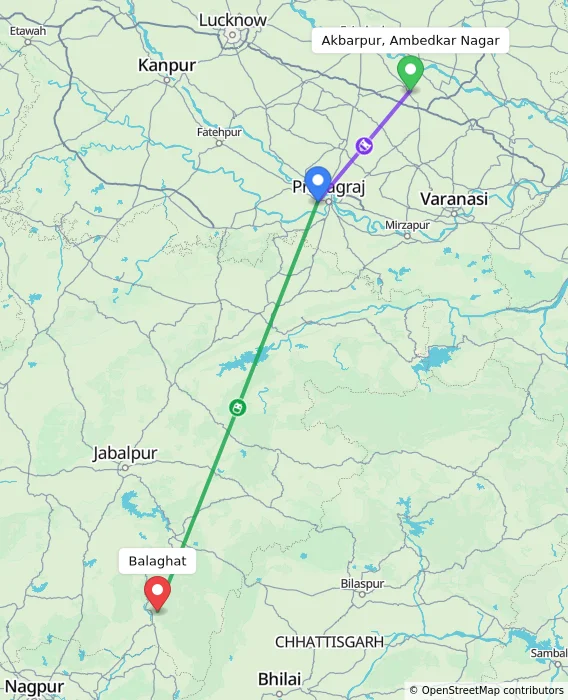 Route map showing distance and travel time from Akbarpur, Ambedkar Nagar, India to Balaghat, India