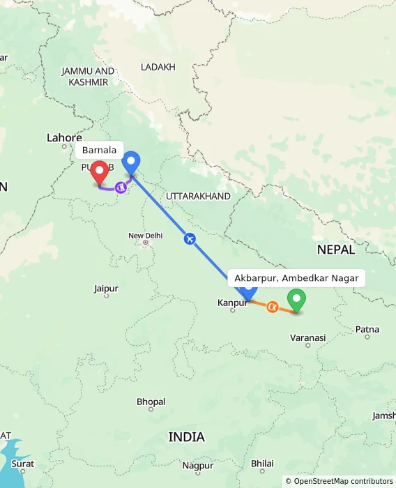 Route map showing distance and travel time from Akbarpur, Ambedkar Nagar, India to Barnala, India