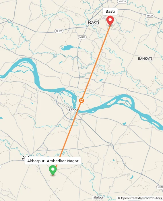 Route map showing distance and travel time from Akbarpur, Ambedkar Nagar, India to Basti, India