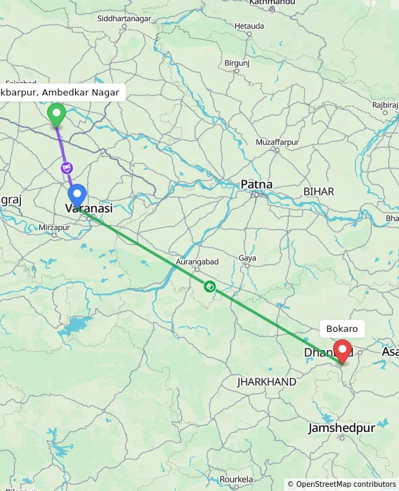 Route map showing distance and travel time from Akbarpur, Ambedkar Nagar, India to Bokaro, India