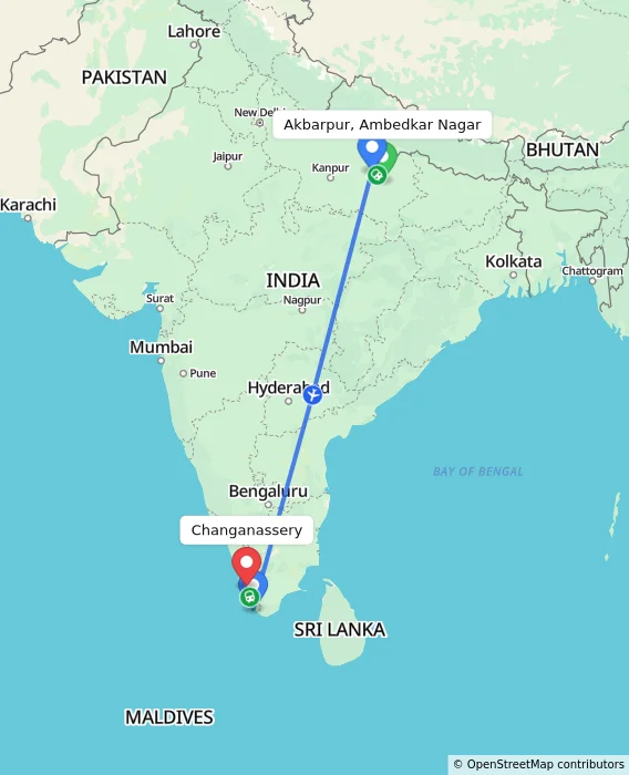 Route map showing distance and travel time from Akbarpur, Ambedkar Nagar, India to Changanassery, India