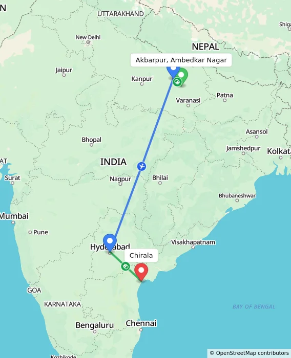 Route map showing distance and travel time from Akbarpur, Ambedkar Nagar, India to Chirala, India