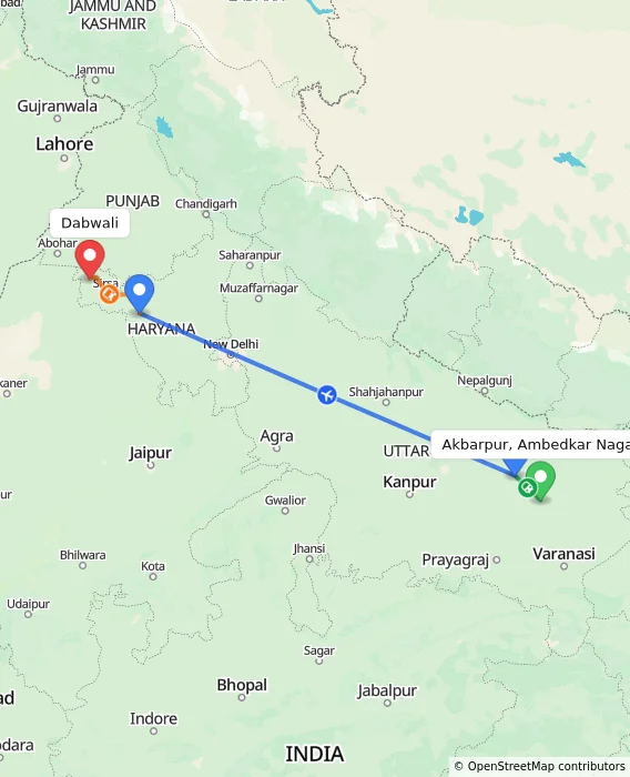 Route map showing distance and travel time from Akbarpur, Ambedkar Nagar, India to Dabwali, India