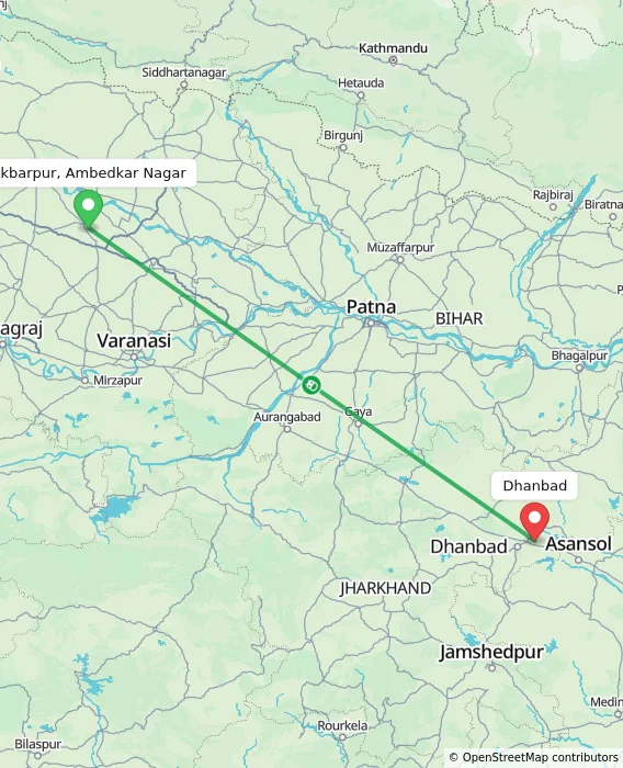 Route map showing distance and travel time from Akbarpur, Ambedkar Nagar, India to Dhanbad, India
