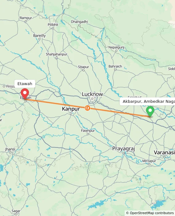 Route map showing distance and travel time from Akbarpur, Ambedkar Nagar, India to Etawah, India