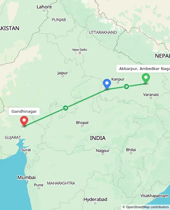 Route map showing distance and travel time from Akbarpur, Ambedkar Nagar, India to Gandhinagar, India