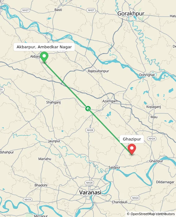 Route map showing distance and travel time from Akbarpur, Ambedkar Nagar, India to Ghazipur, India