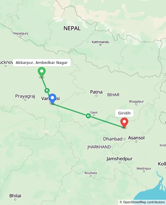 Route map showing distance and travel time from Akbarpur, Ambedkar Nagar, India to Giridih, India