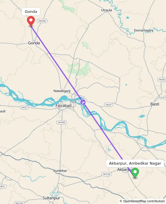 Route map showing distance and travel time from Akbarpur, Ambedkar Nagar, India to Gonda, India