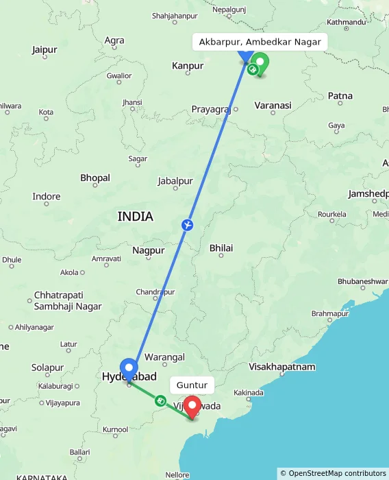 Route map showing distance and travel time from Akbarpur, Ambedkar Nagar, India to Guntur, India