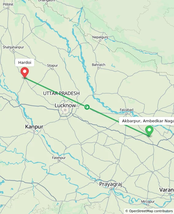 Route map showing distance and travel time from Akbarpur, Ambedkar Nagar, India to Hardoi, India