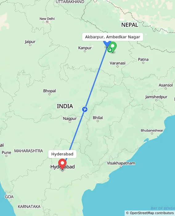 Route map showing distance and travel time from Akbarpur, Ambedkar Nagar, India to Hyderabad, India